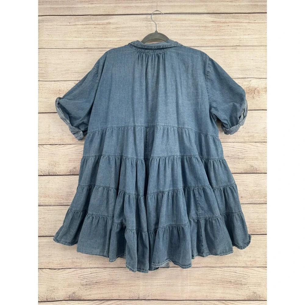 Talulah Babydoll Dress Womens Large Blue Denim Tiered Button Front Mini